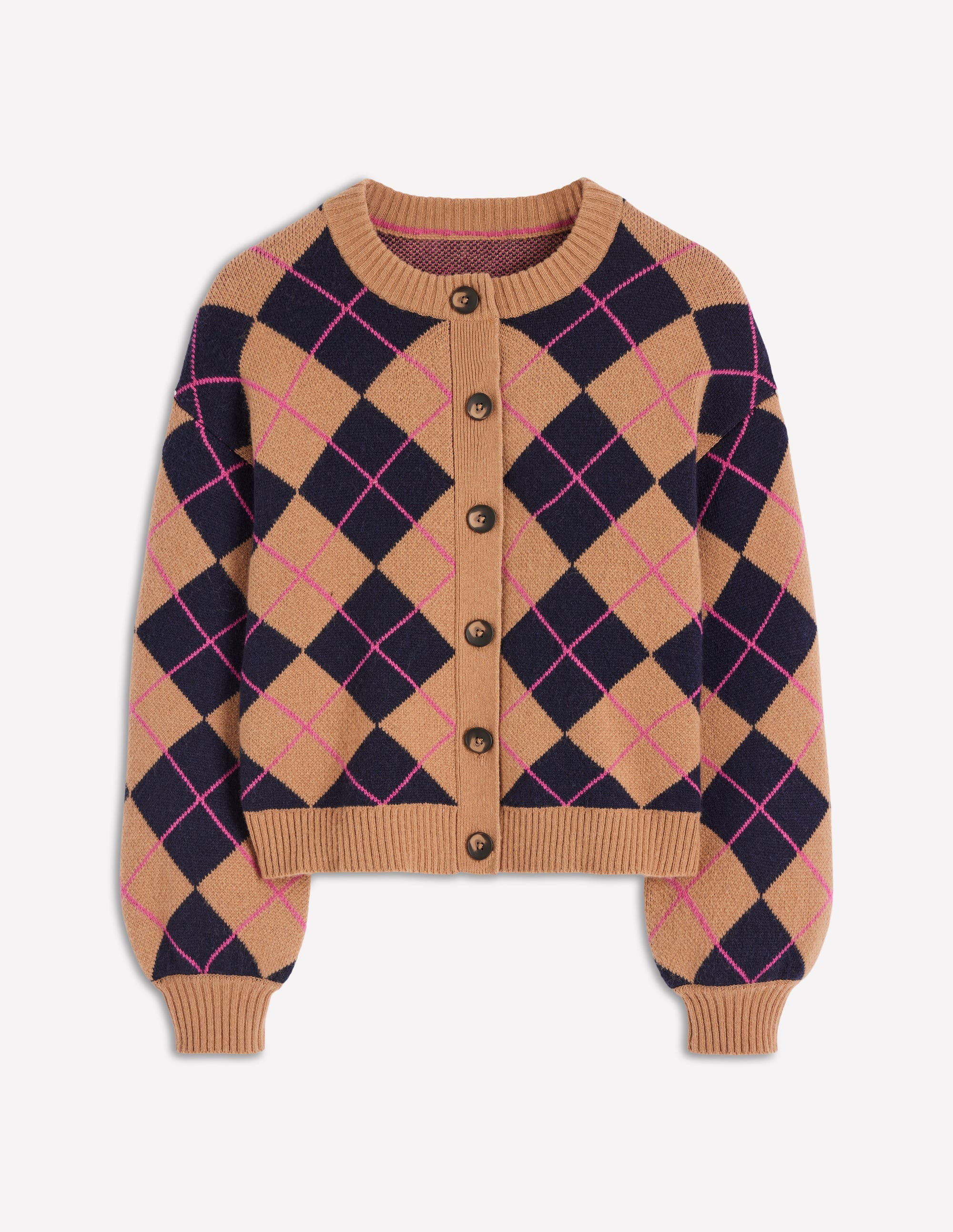 Abi Jacquard Cardigan-Camel, Navy Argyle | Boden UK