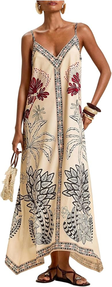 MakeMeChic Women's Boho Floral Cami Dress V Neck Spaghetti Strap Maxi Dresses Sundress | Amazon (US)