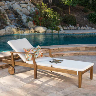 Perla Outdoor Acacia Wood Chaise Lounge with Cushion by Christopher Knight Home | Bed Bath & Beyond