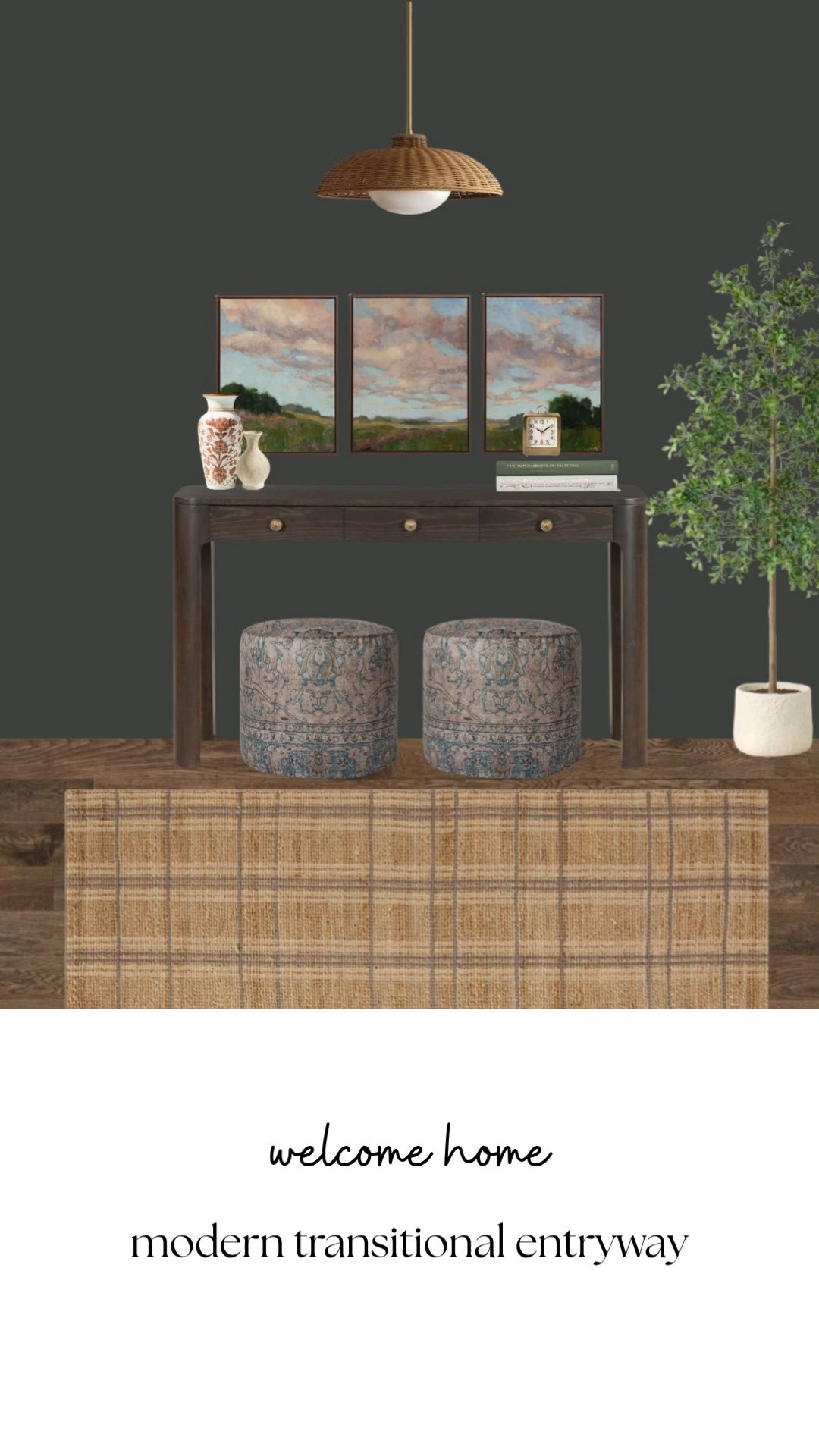 A welcoming entryway sets the tone for the entire home, and this modern transitional space layers warm wood tones, moody paint colors, woven textures, and soft lighting for an entry that feels elevated, inviting, and timeless. I love how the oversized artwork, patterned ottomans, and natural textures make the space feel collected without feeling cluttered.

modern transitional entryway, moody entryway decor, warm neutral interiors, dark moody walls, woven entryway rug, luxury entryway inspiration, collected home aesthetic, warm wood console table, elegant entryway styling, designer inspired foyer, cozy welcoming home, layered entryway decor, traditional modern interiors, timeless entryway design, moody neutral home decor, warm ambient interiors, grandmillennial style, sophisticated entryway inspiration, earthy transitional interiors, elevated home styling 

 #LTKHome #LTKSaleAlert