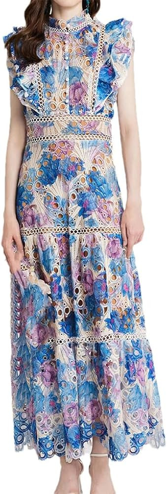 Women Flower Embroidery Maxi Wedding Dress Flare Ruffles Sleeve Long Robe Party Evening Dresses | Amazon (US)