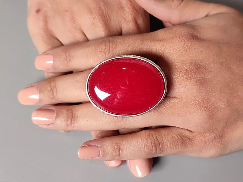 Large red Jade cocktail ring, Adjustable chunky silver jade ring, Large red jade silver statement... | Etsy (US)
