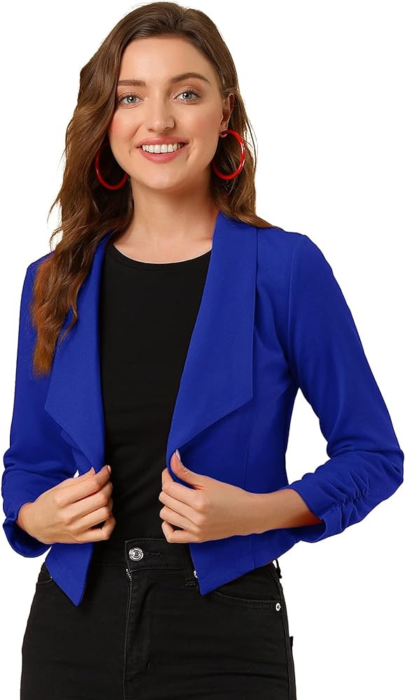 Allegra K Women's Notched Lapel Ruched Sleeve Jackets Business Cropped Blazer | Amazon (US)