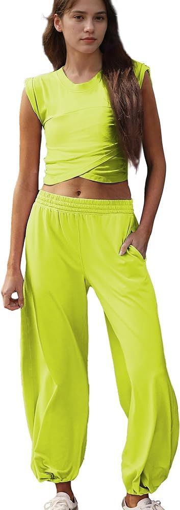 Hixiaohe Womens Fashion 2 Piece Outfits Crop Tops Wide Leg Pants Tracksuit Lounge Set Workout Set... | Amazon (US)