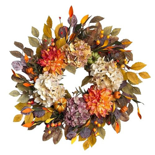 24Inch Fall Wreaths for Front Door,Fall Wreath with Beige Hydrangea,Orange Dahlia Artificial Flowers,Pumpkins,Autumn Wreaths for Harvest Thanksgiving Halloween Indoor Outdoor Home Decor | Amazon (US)