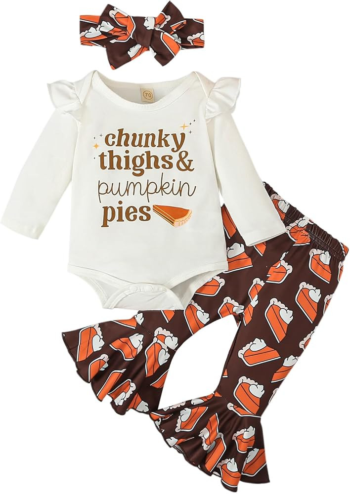 Baby Girl Thanksgiving Outfit Pumpkin Pie Romper+Flare Pants Newborn Girl Turkey Day Clothes 0-18... | Amazon (US)