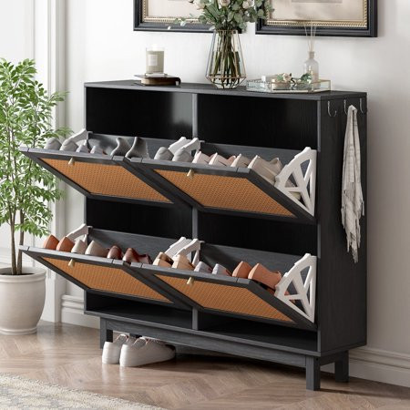 GZXS Modern Shoe Storage Cabinet with Hidden 4 Flip Rattan Drawers 2-Tier Black Wooden Shoe Storage  | Walmart (US)