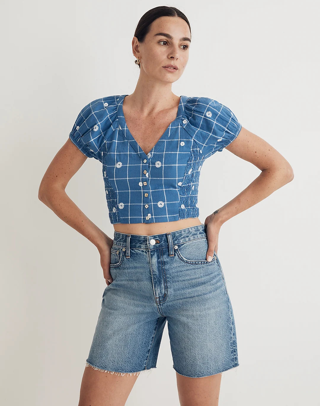 Embroidered Puff-Sleeve Crop Top in Windowpane | Madewell