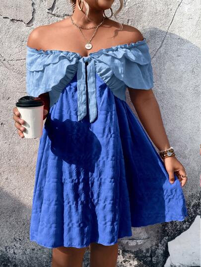 SHEIN Unity Plus Off Shoulder Knot Front Ruffle Trim Dress | SHEIN