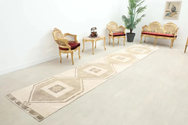 Vintage Turkish Oushak Runner Rug, 3x15 Beige Brown Hallway Rug | Etsy (Global)