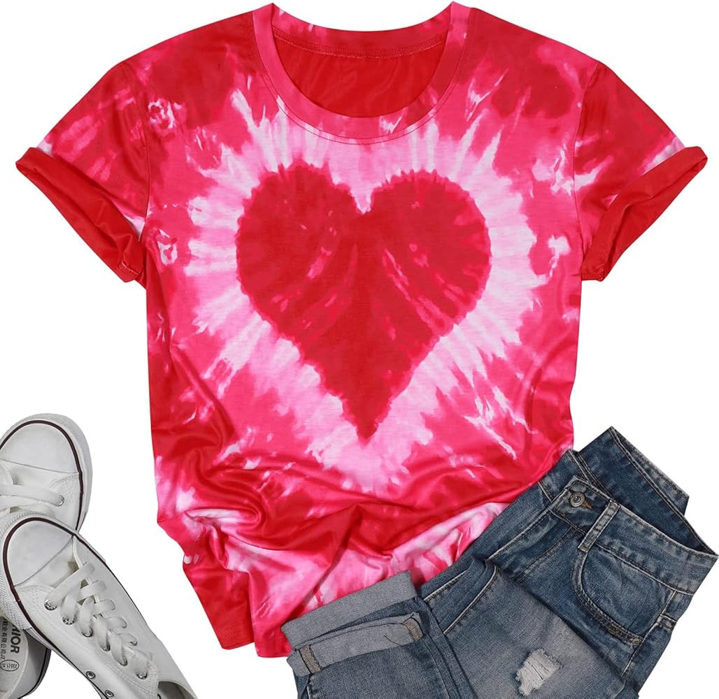 Valentines Shirts for Women Tie Dye Heart T Shirt Valentine's Tee Shirt Casual Lover Short Sleeve... | Amazon (US)