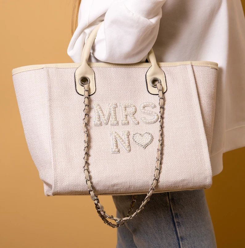 Mrs Custom Tote Bag, Bride Tote Bag, Bridesmaid Totes, Bachelorette Bags, Bridal Gift, Honeymoon ... | Etsy (US)