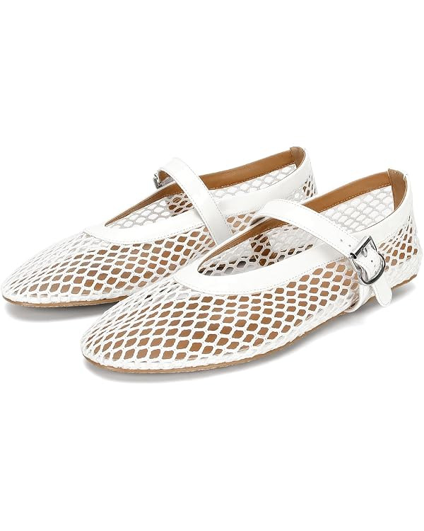 DOEYG Mesh Ballet Flats for Women Buckle Strap Comfy Casual Office Fishnet Ballerina Flat Shoes | Amazon (US)