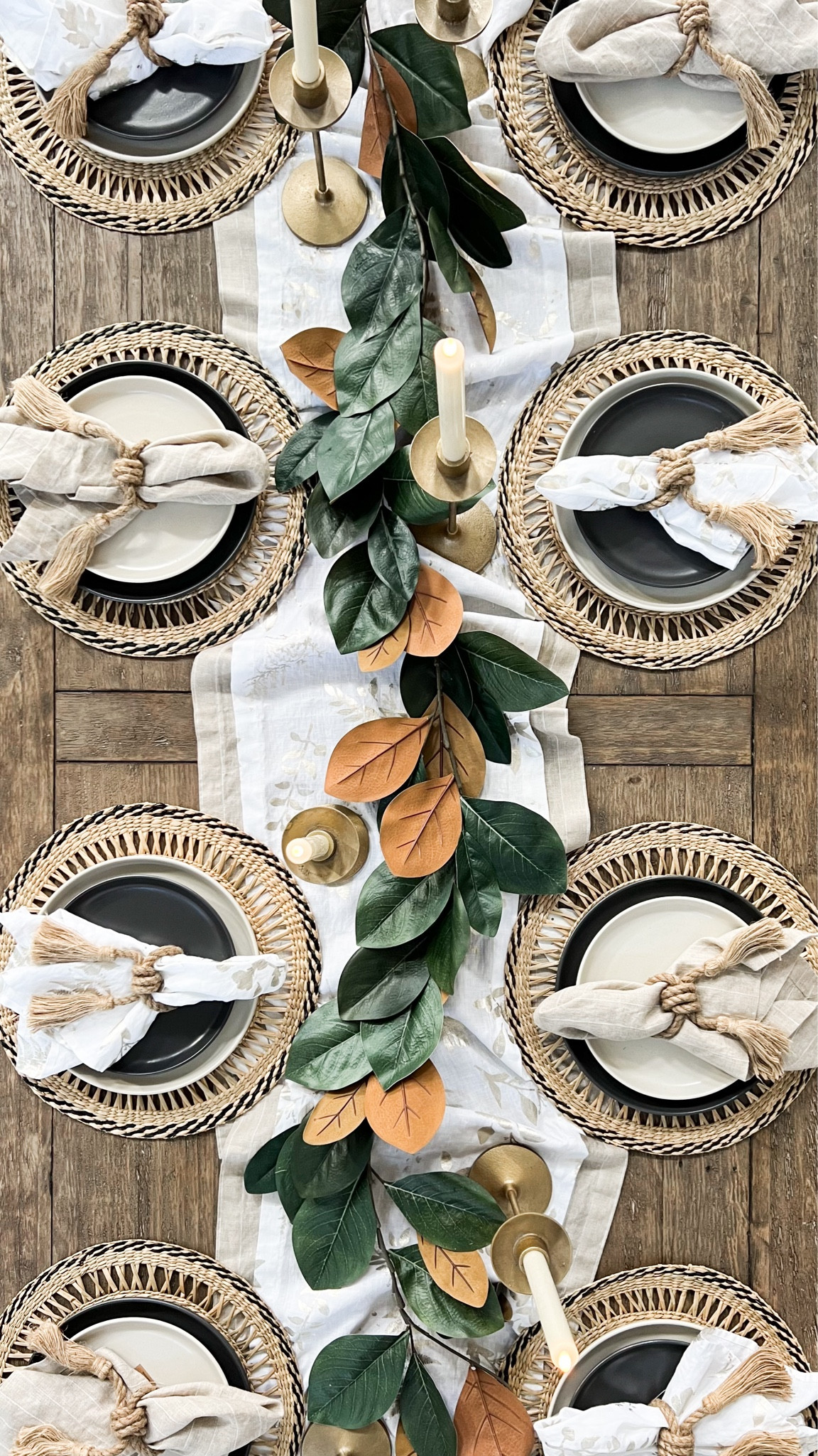Fall tablescape styling for your fall gatherings, Thanksgiving or even Christmas! Love this neutral look created from layering runners and magnolia garland and adding gold candlesticks with flameless taper candles! I also love using my two tone dinnerware place settings on top of a woven charger! Simple and understated but works for almost any occasion! 

#LTKStyleTip #LTKHome #LTKSeasonal