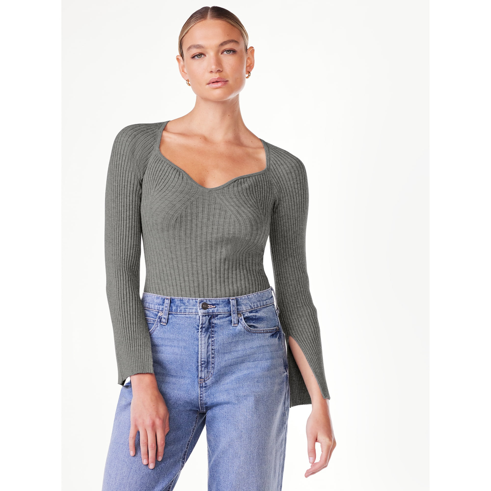 Scoop Women's Ribbed Bodysuit with Sweetheart Neck and Long Sleeves, Sizes XS-XXL | Walmart (US)