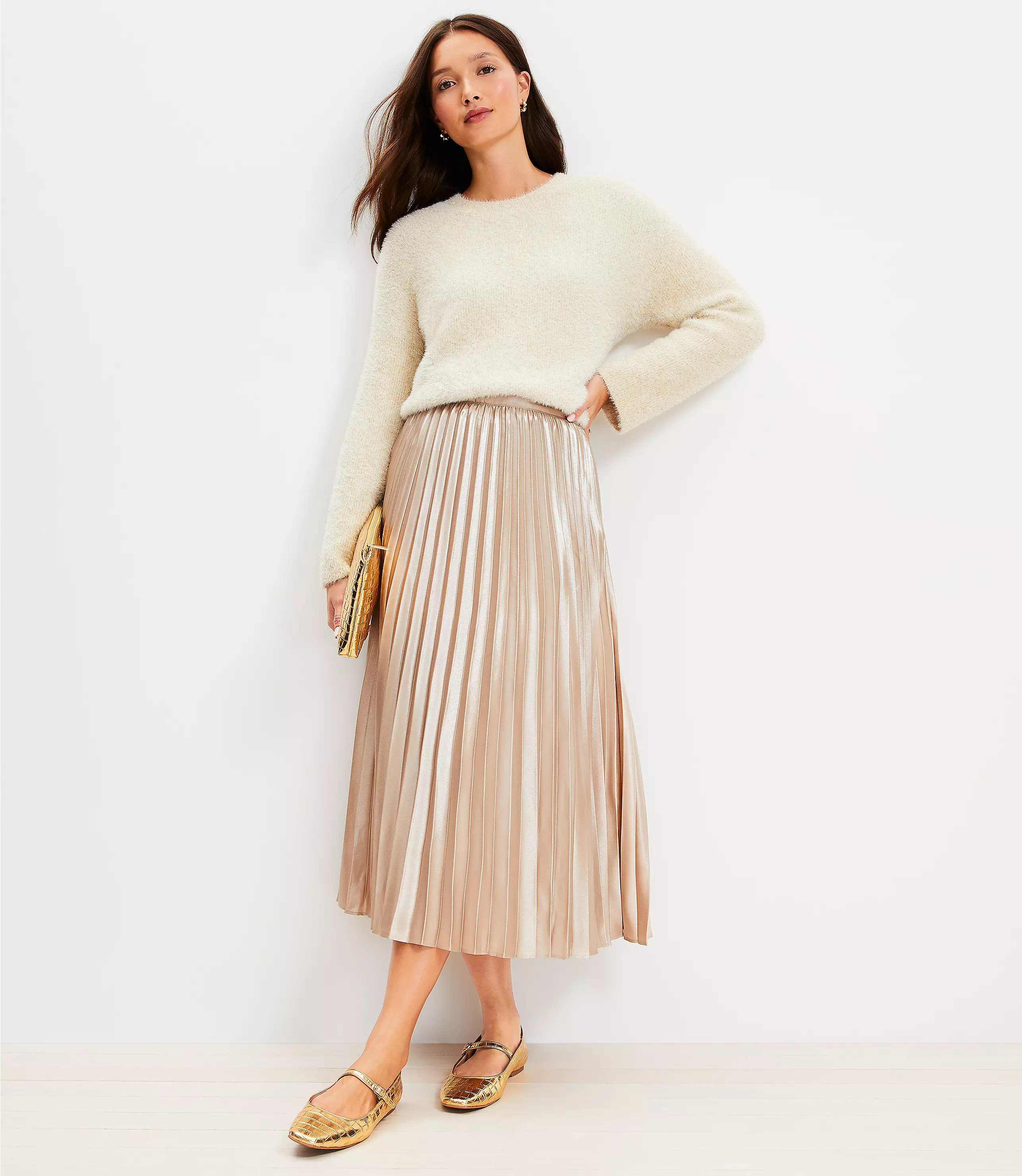 Petite Foiled Satin Pleated Midi Skirt | LOFT