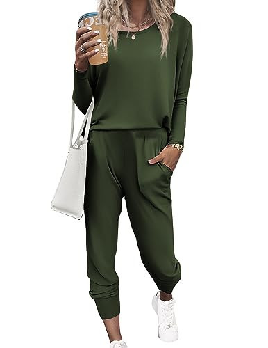Ekouaer Women's Pajama Sets Casual 2Pcs Sleepwear Long Sleeve Pullover Tops Long Joggers Pants with Pockets Army Green XX-Large | Amazon (US)