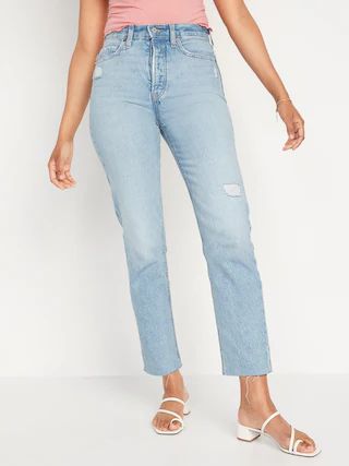 Extra High-Waisted Button-Fly Sky-Hi Straight Non-Stretch Cut-Off Jeans for Women | Old Navy (US)