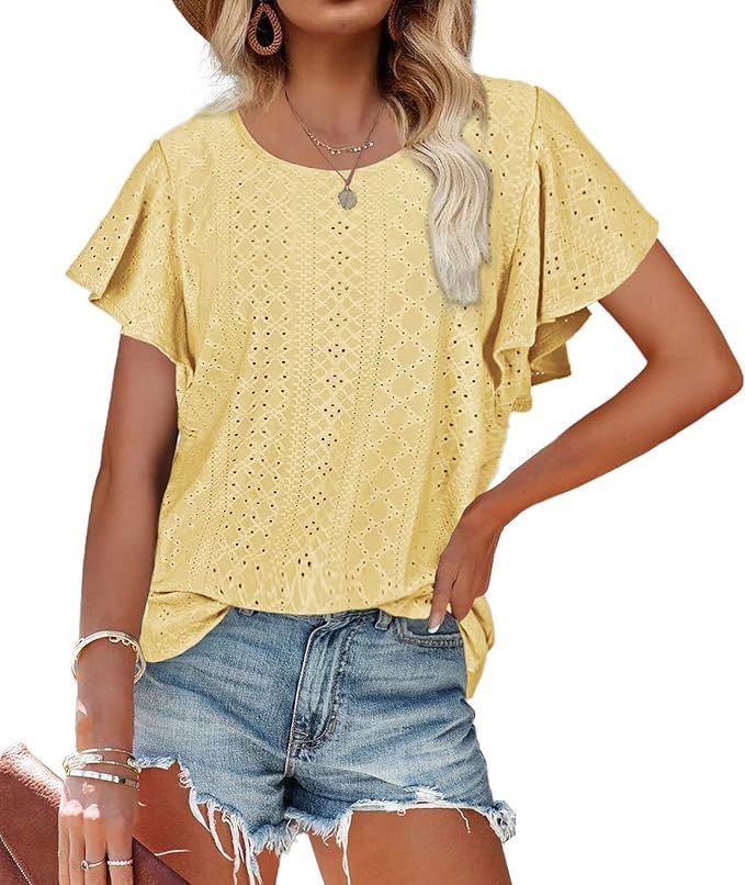 WIHOLL Womens Tshirts Loose Fit Crew Neck Ruffle Sleeve Summer Casual Tops | Amazon (US)