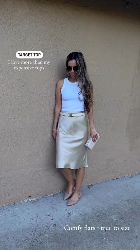 White tank top sz S - true to size
I’m 5’5” 122 lbs 

Slip skirt in gold champagne is true to size 

Nude pointy leather flats are true to size 



#LTKfindsunder50 #LTKVideo #LTKwedding