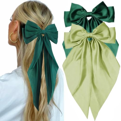 JOYRUBY Green Bow Hair Clips, 2PCS Hair Bows for Women Satin Big Bows for Girls, Long Tail Large Hair Bows for Girls Coquette Bows Hair Accessories | Amazon (US)