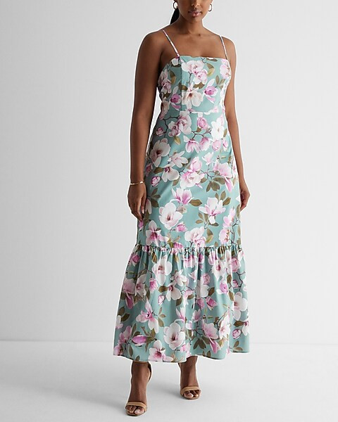 Floral Print Square Neck Tiered Poplin Maxi Dress | Express