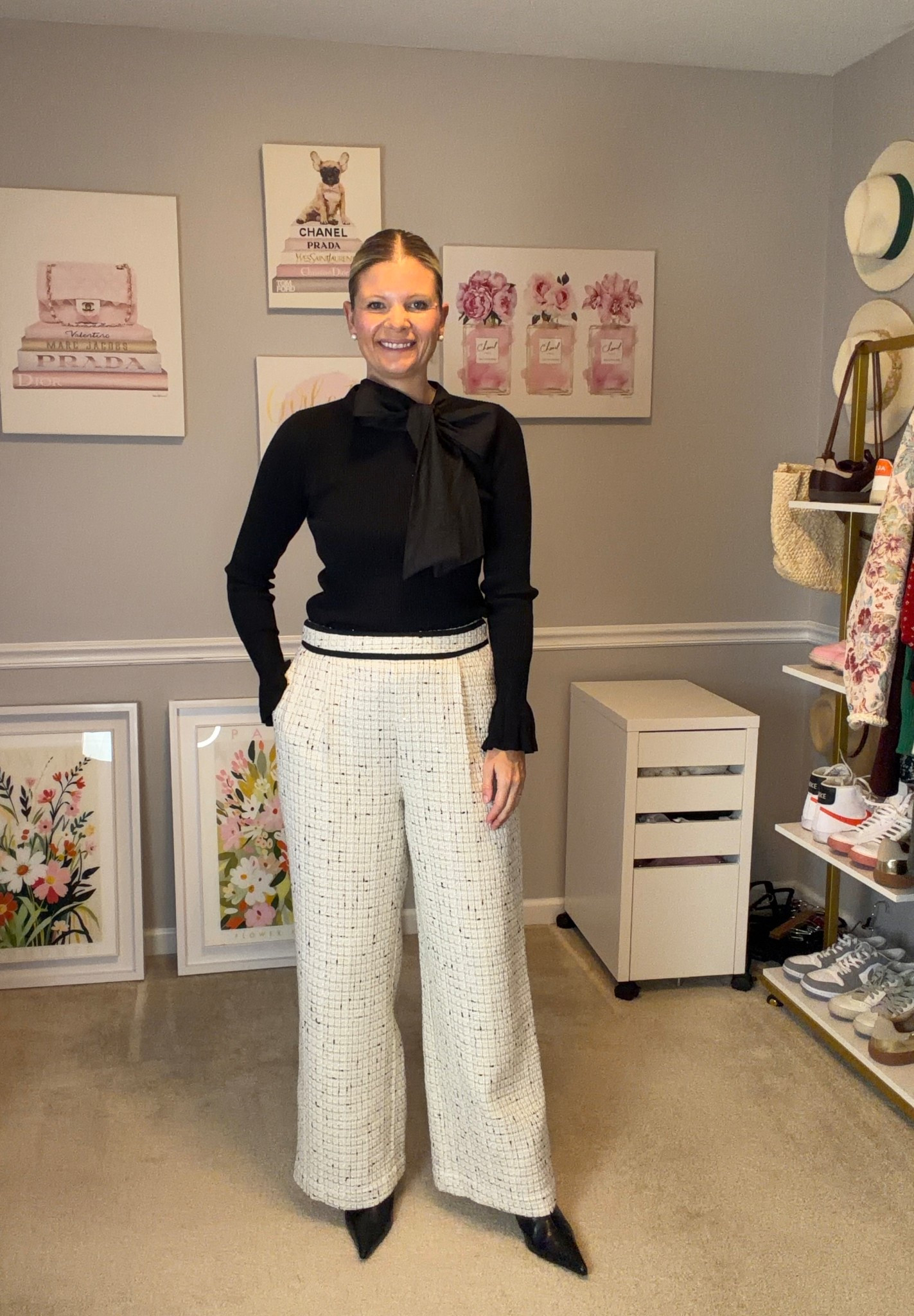 Cream and black tweed pants from Commense (atTS wearing a L)
Black sweater with bow TTS

#LTKootd #LTKWorkwear #LTKOver40