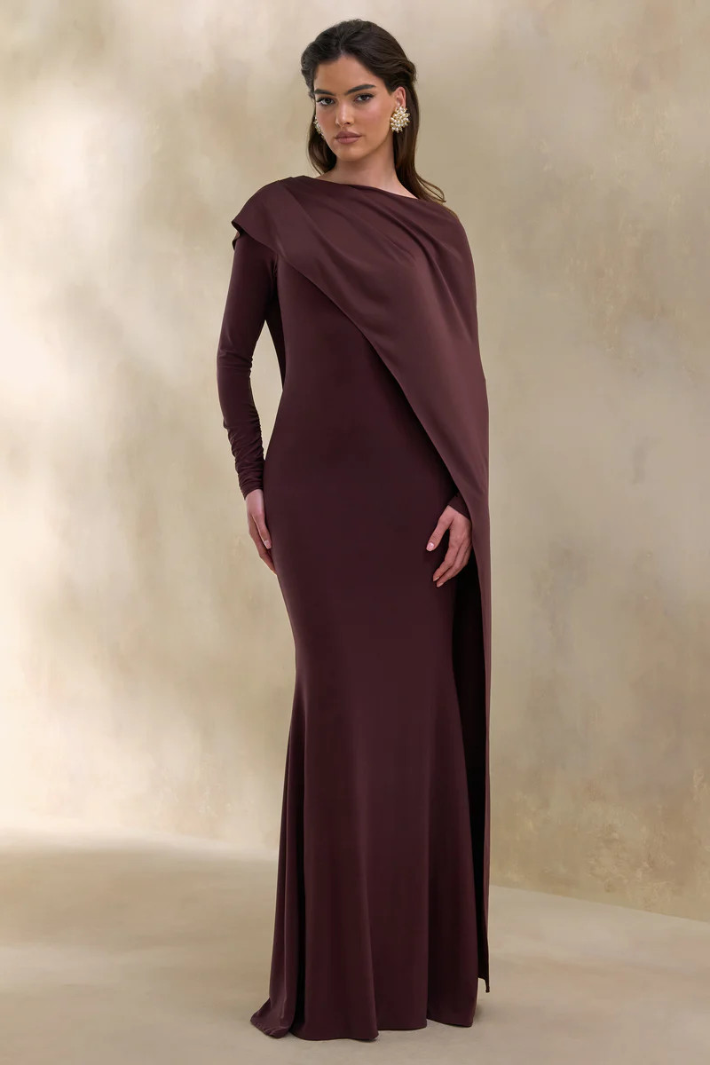 Salenne  Brown Wide-Neck Maxi Dress With Satin Asymmetric-Cape | Club L London