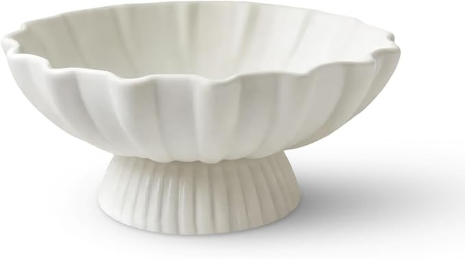 White Pedestal Fruit Bowl for Kitchen Counter, 9-Inch Ceramic Centerpiece Bowl with Fluted Textur... | Amazon (US)