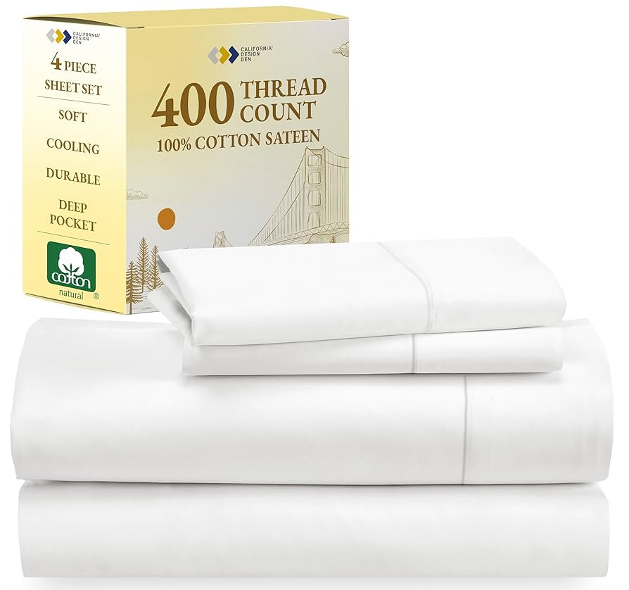 California Design Den King Bed Sheets Set - Soft 400 Thread Count Sateen, 100% Cotton Sheets, Dee... | Amazon (US)