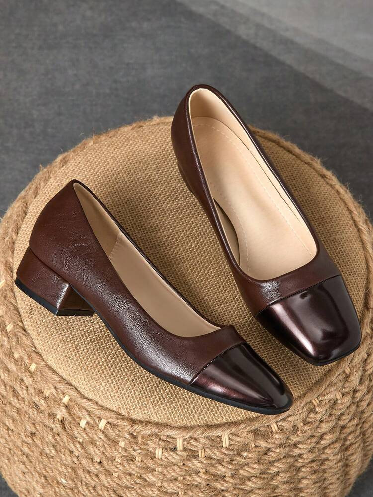 Women's Square Toe 3cm Heel Shoes, Navy Blue Patchwork, Suitable For Balls, Parties, Dinners, Vintage Fashion, Versatile, Casual Slip-On Pumps | SHEIN