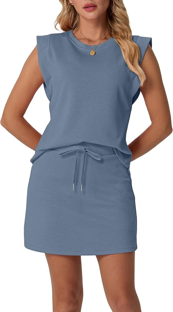 GRECERELLE 2026 Women's Summer 2 Piece Skort Set Cap Sleeve Round Neck Top & Tennis Skirt with Po... | Amazon (US)
