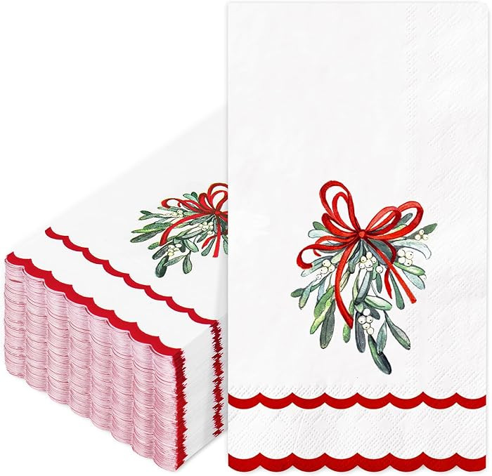 Whaline 100 Pcs Christmas Guest Napkins Mistletoe Holly Scalloped Disposable Napkins Watercolor D... | Amazon (US)