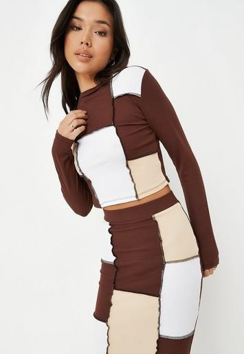 Missguided - Chocolate Co Ord Rib Colourblock Exposed Seam T Shirt | Missguided (UK & IE)