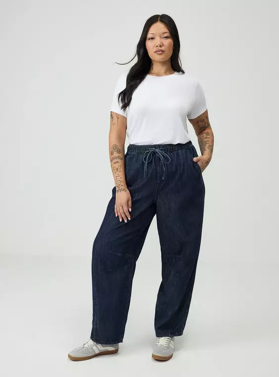 High-Rise Pull-On Drapey Barrel Jeans in Mediumblue-Denim | Torrid (US & Canada)