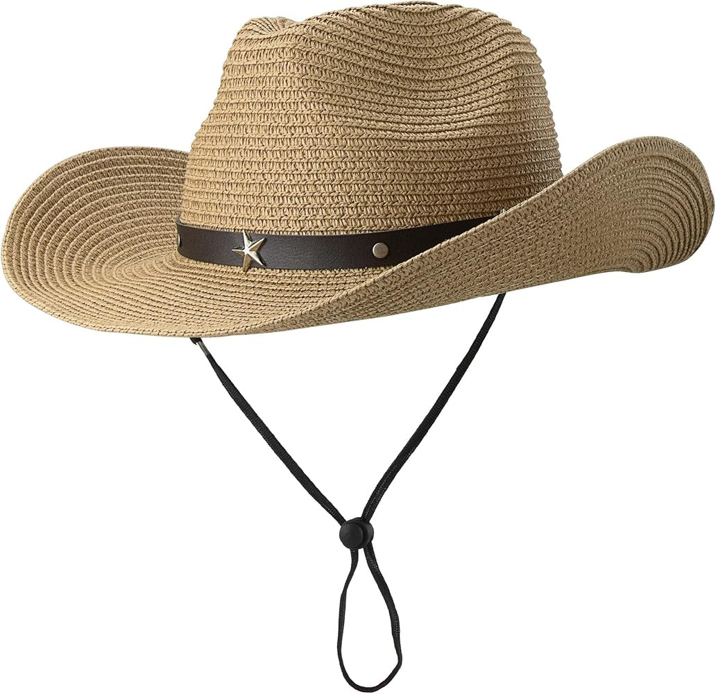 Straw Cowboy Hat for Women Men Western Sun Hat Wide Brim Summer Belt Cowgirl Hats(M-L) | Amazon (US)