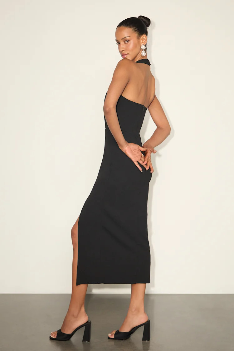 Intriguing Luxury Black Asymmetrical Halter Midi Dress | Lulus