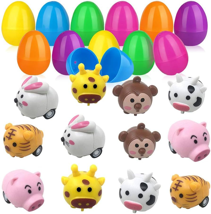 Pull Back Toys, 12pcs Plastic Filled Easter Eggs with Cartoon Animal Cars Vehicles for Eggs Hunt,... | Amazon (US)