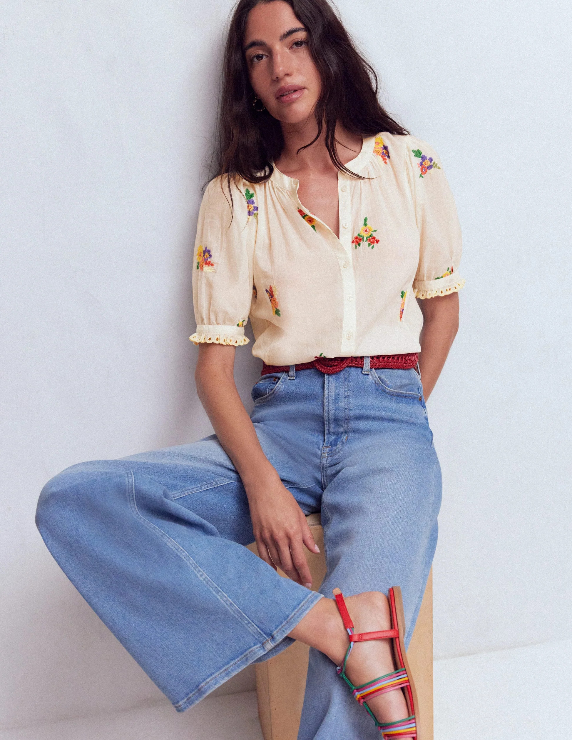 Camille Embroidered Cotton Top-Ivory Floral Embroidery | Boden UK