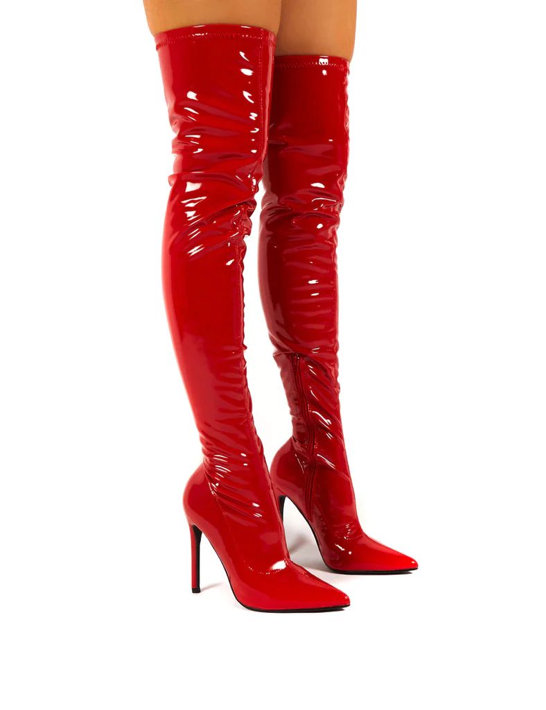 Confidence Wide Fit Red Patent Stiletto Heeled Over The Knee PU Boot | Public Desire