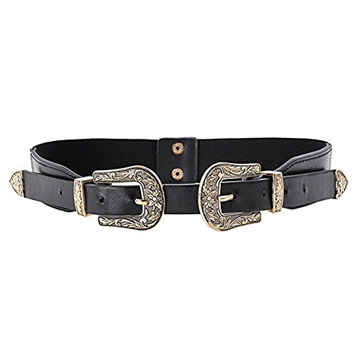 MoYoTo Womens Retro Carved Double Buckle Elastic Belts Western Leather Flex Belt (Gold Buckle) | Amazon (US)