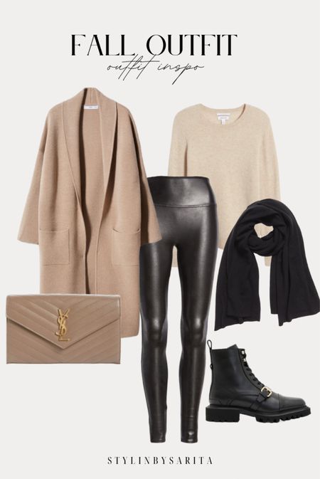 Fall outfits, faux leather leggings, sweater, fall sweater, camel cardigan, long cardigan, cashmere scarf, ankle boots, boots outfits, ysl shoulder bag 

#LTKFind #LTKunder50 #LTKstyletip