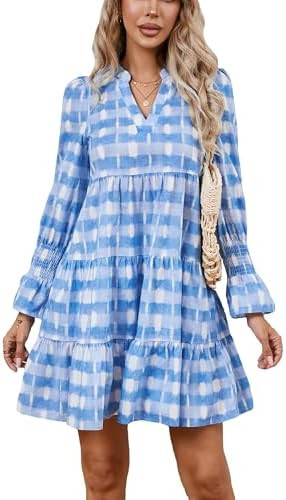 Ladyful Womens Printed Mini Dress Long Sleeve V Neck Tiered Flowy Swing Summer Vacation Beach Sho... | Amazon (US)