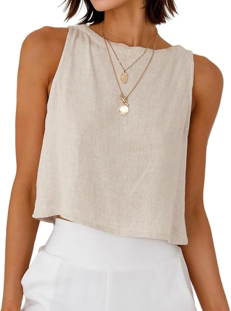 Mywinway Linen Tank Tops for Women Cotton Summer Sleeveless Cropped Casual Fashion Cute Tops | Amazon (US)