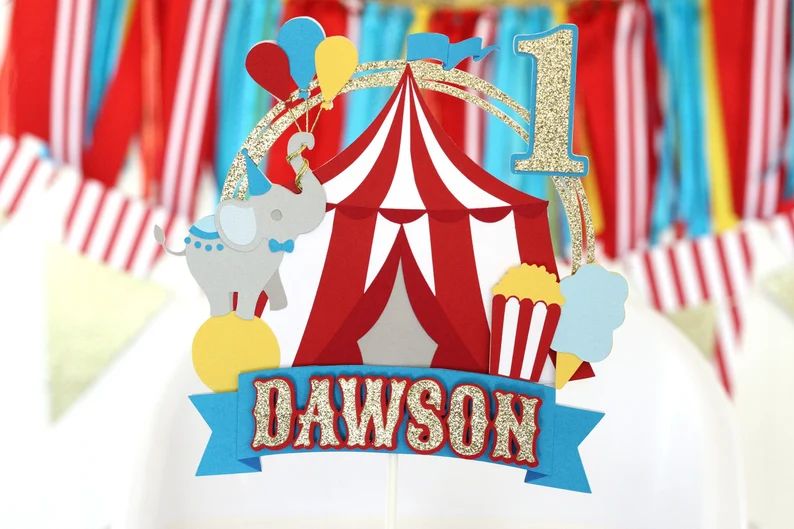 Personalized Cake Topper | Carnival Circus First Birthday Party Decor | Red, Turquoise, Yellow an... | Etsy (US)