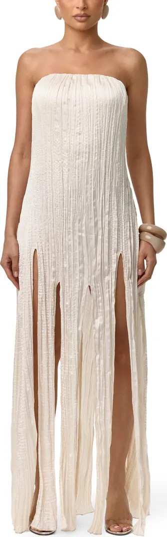 Naked Wardrobe Strapless Fring Detail Satin Plissé Dress | Nordstrom | Nordstrom