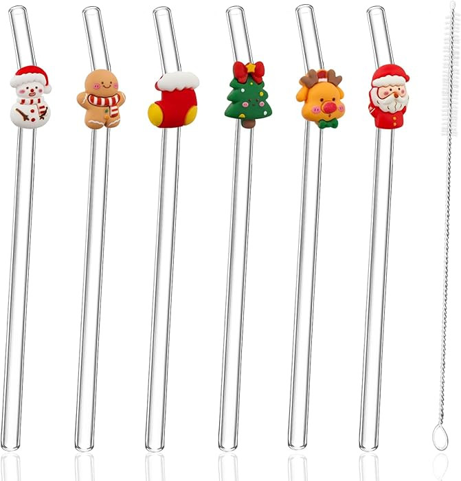 6Pcs Christmas Glass Straws Glass Straws With Charms Lncludes 1 Nylon Brushes Suitable For All Ki... | Amazon (US)