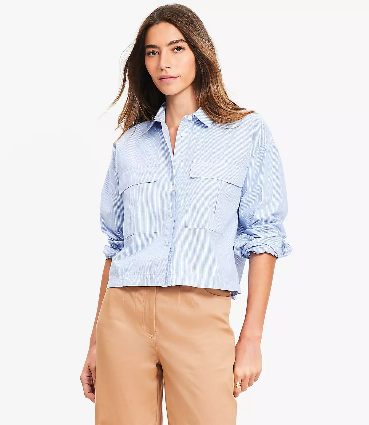 Striped Poplin Wide Sleeve Modern Utility Shirt | LOFT