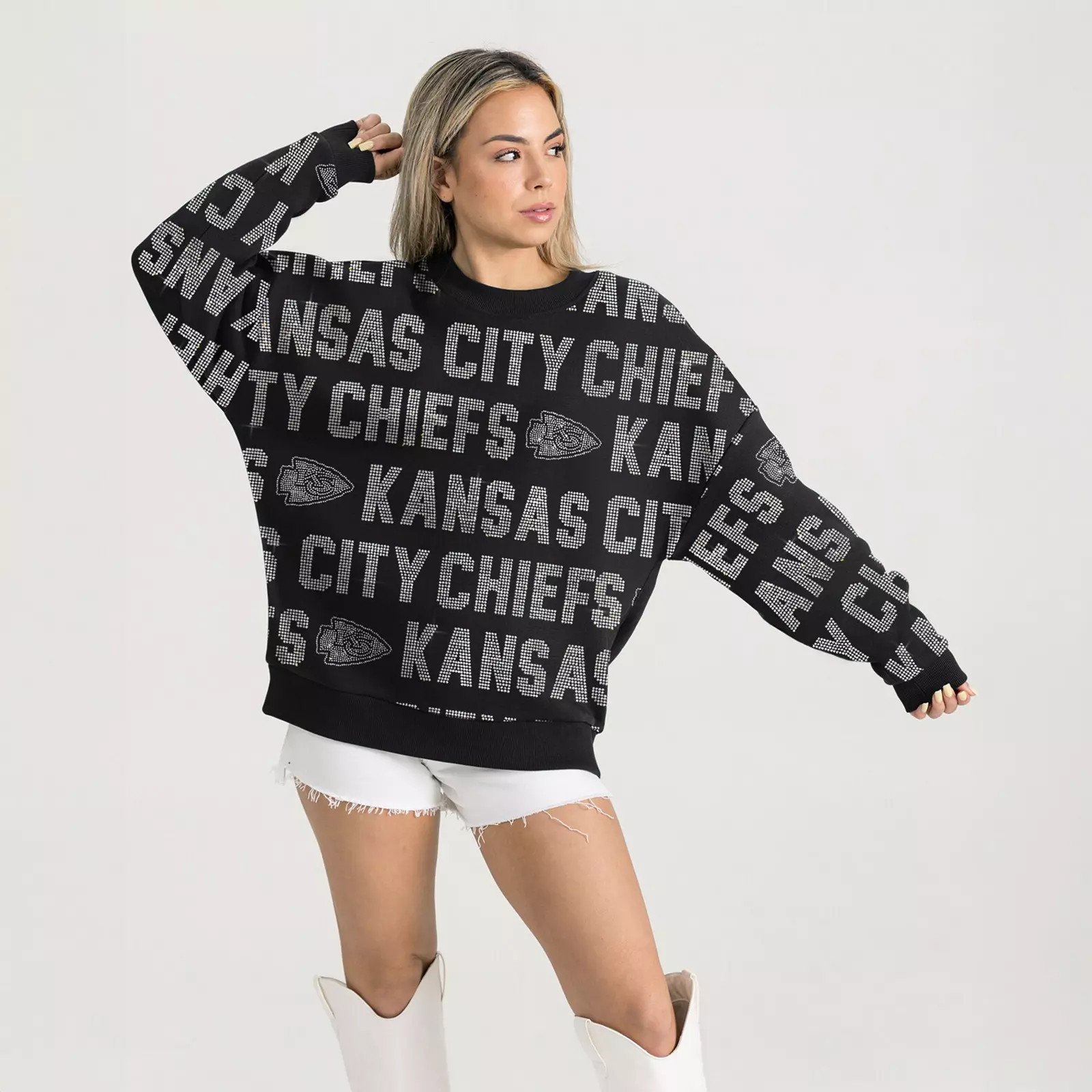 Women's Gameday Couture Black Kansas City Chiefs Relaxed Drop Shoulder Hype Era Rhinestone Text Sweatshirt, Size: Large | Kohl's