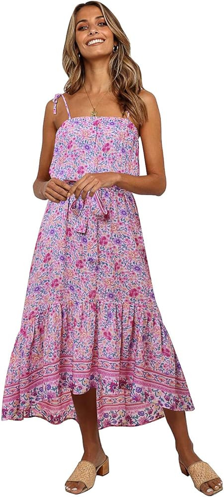 Women's Summer Boho Spaghetti Strap Casual Flowy Beach Swing Party Maxi Sundress | Amazon (US)